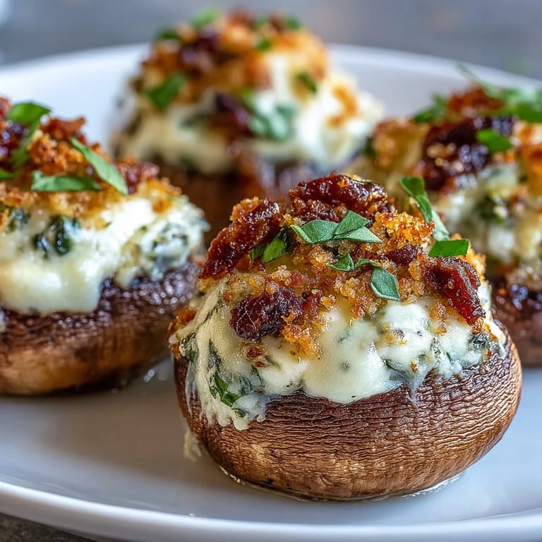 Close-up of Stuffed Asiago-Basil Mushrooms showing creamy filling, golden crust, and vibrant basil garnish.