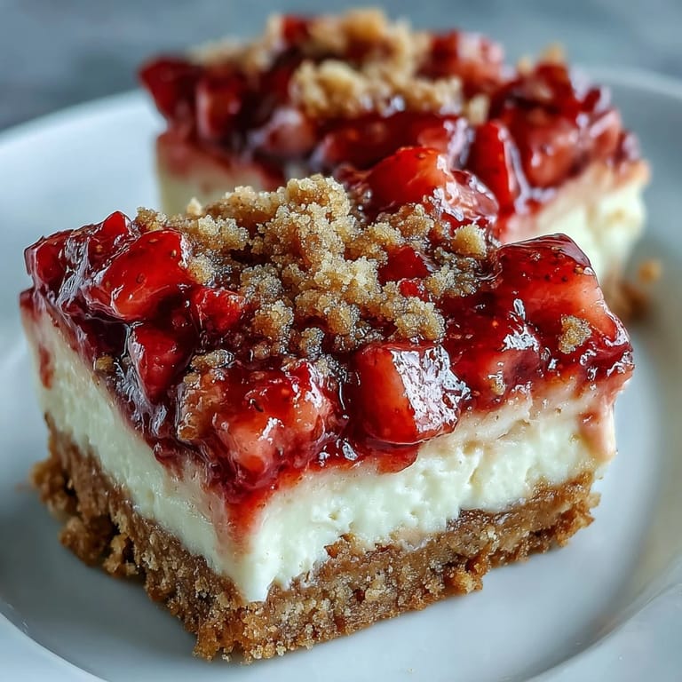 Sliced Strawberry Cheesecake Bars revealing creamy layers, juicy berries, and a buttery crust on a marble surface. 