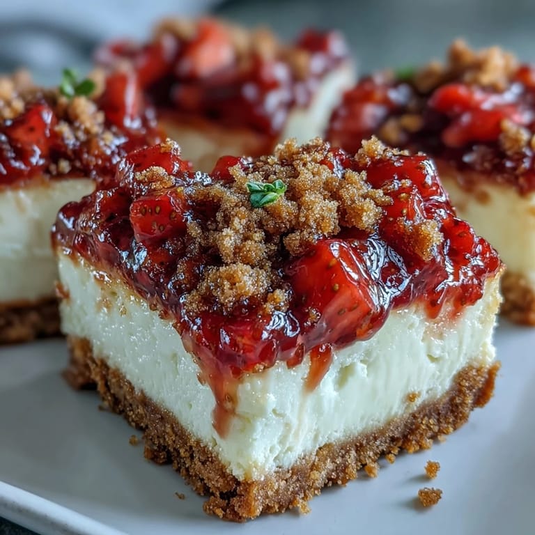 Homemade Strawberry Cheesecake Bars topped with fresh berries and crumbly streusel, ready for a sweet dessert.