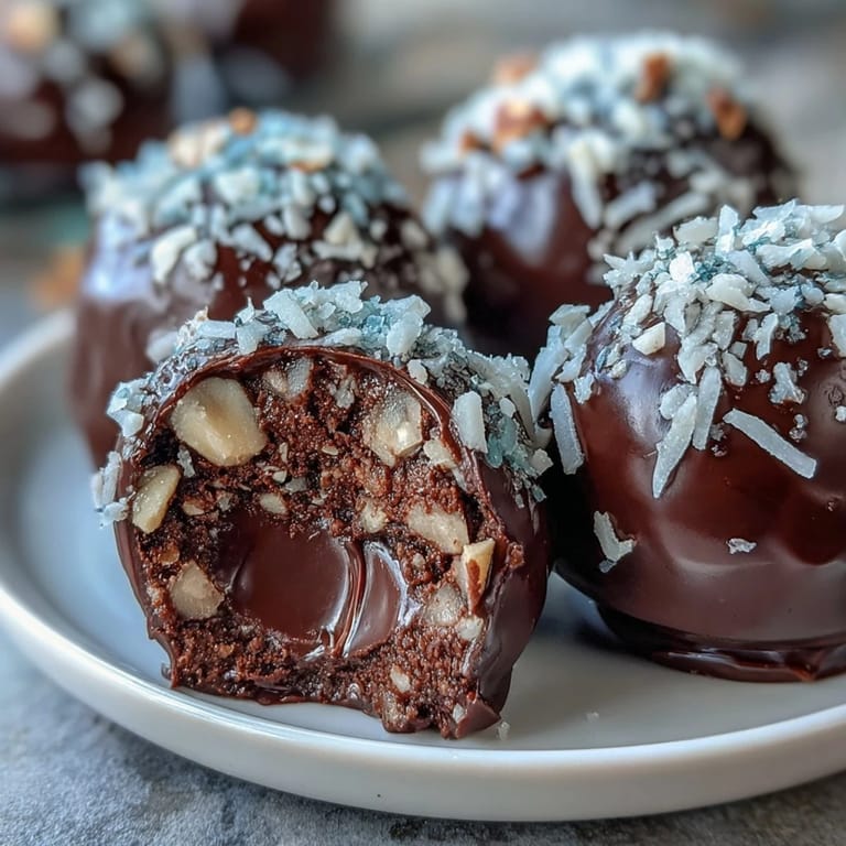 A close-up of glossy Chocolate Truffles rolled in chopped nuts with a creamy, melt-in-your-mouth texture.