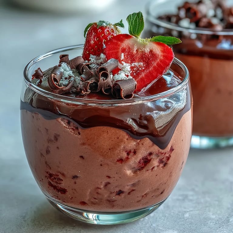 Decadent chocolate-covered strawberry mousse garnished with fresh berry halves and shaved dark chocolate.  