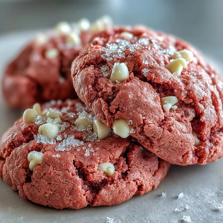 Close-up of Pink Velvet Cookies with cracked tops and melty white chocolate chunks, ideal for afternoon tea.