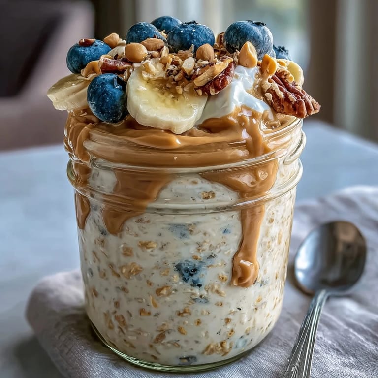 A spoon digs into a jar of High-Protein Peanut Butter Overnight Oats, showing a creamy, peanut butter-swirled breakfast ready to eat.