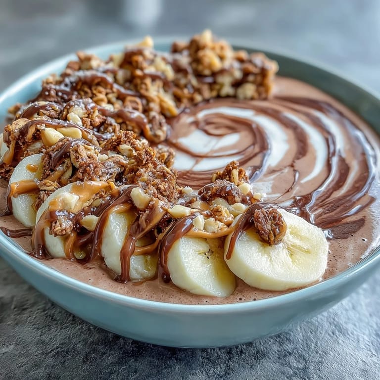 Sliced bananas, chopped dark chocolate, and crunchy granola top this hearty Chocolate Peanut Butter Smoothie Bowl, ideal for a healthy breakfast.