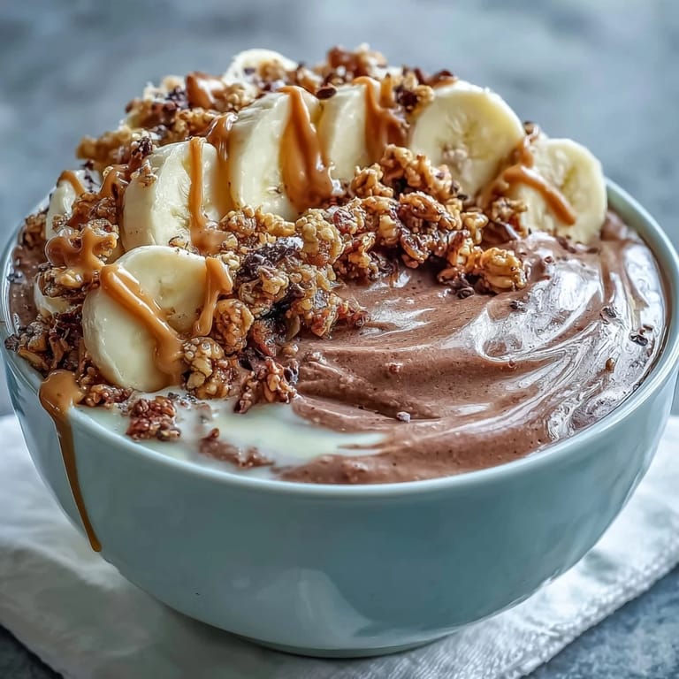 A spoon is ready to dig into a rich Chocolate Peanut Butter Smoothie Bowl, garnished with fresh banana slices and cocoa powder.