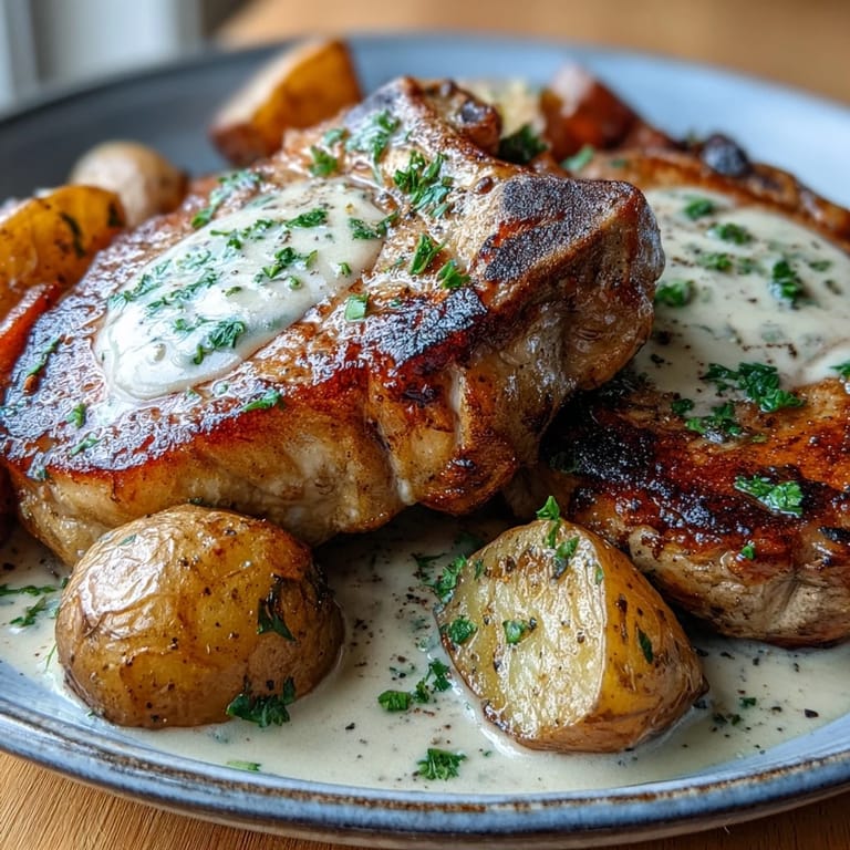 Golden-seared Crockpot Ranch Pork Chops with a ladle of creamy ranch gravy over potatoes and carrots on a rustic plate.