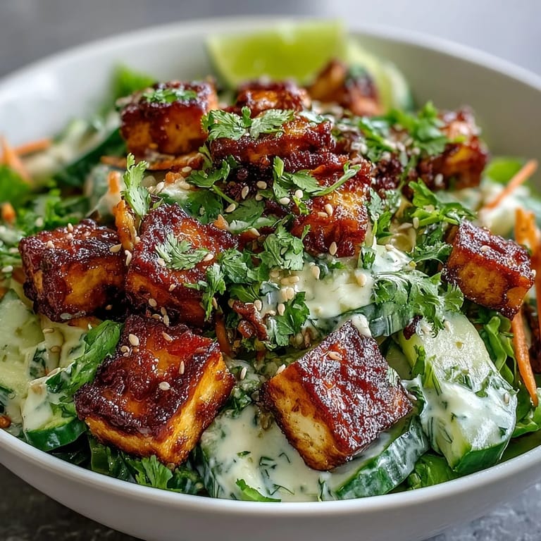 Serving suggestion for Creamy Asian Cucumber Salad with Crispy Tofu, plated with a lime wedge and drizzled with chili oil.