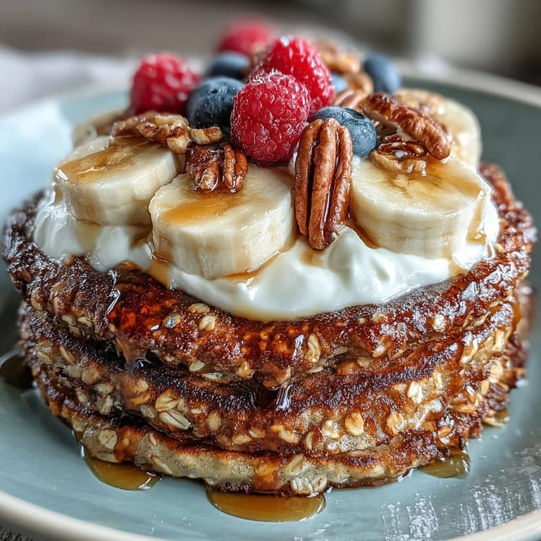 Golden protein pancake bowl with a warm oat base, chopped nuts, and a generous honey drizzle.