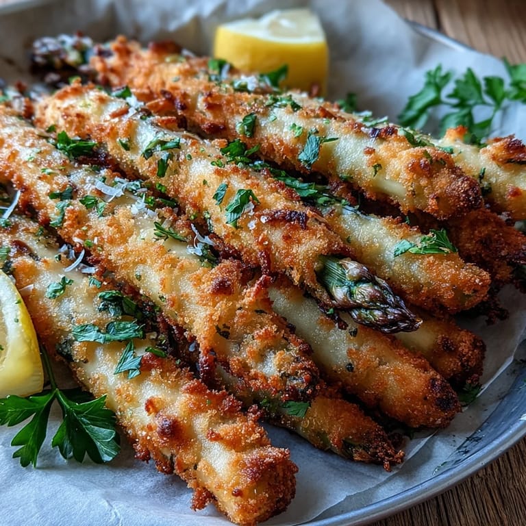 Oven-baked Crispy Asparagus Asiago Spears on a platter with dipping sauce.
