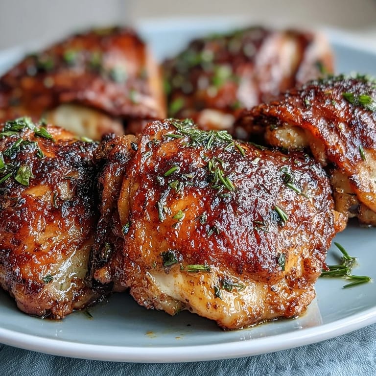 Juicy Crispy Baked Bone-In Chicken Thighs garnished with fresh parsley and lemon wedges on a rustic platter.