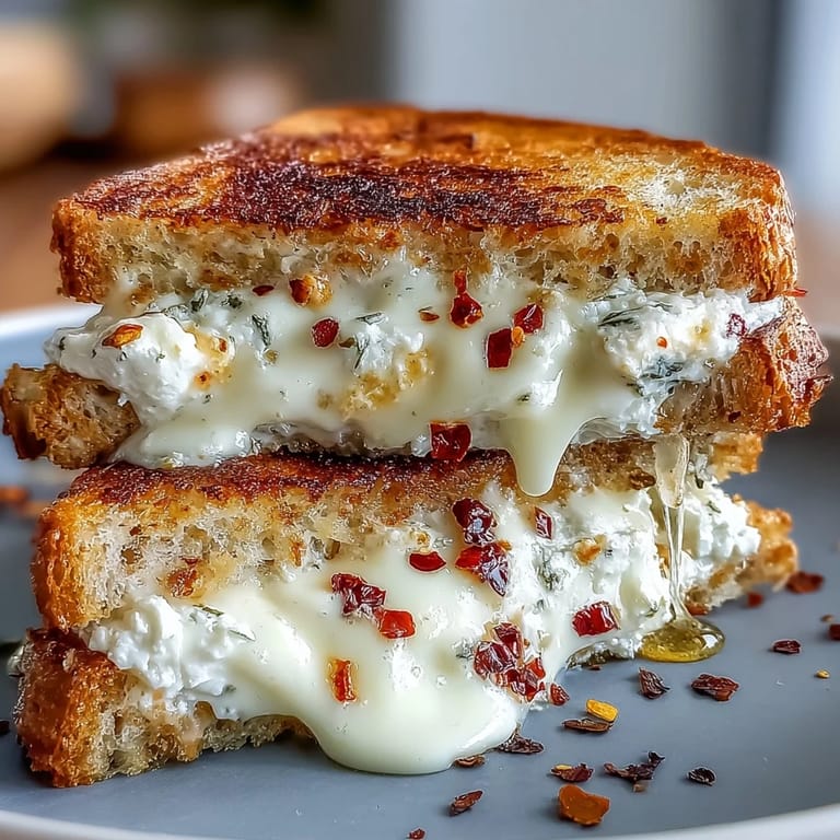 Two halves of a goat cheese grilled cheese rest beside a small bowl of honey and red chili flakes on a rustic board.
