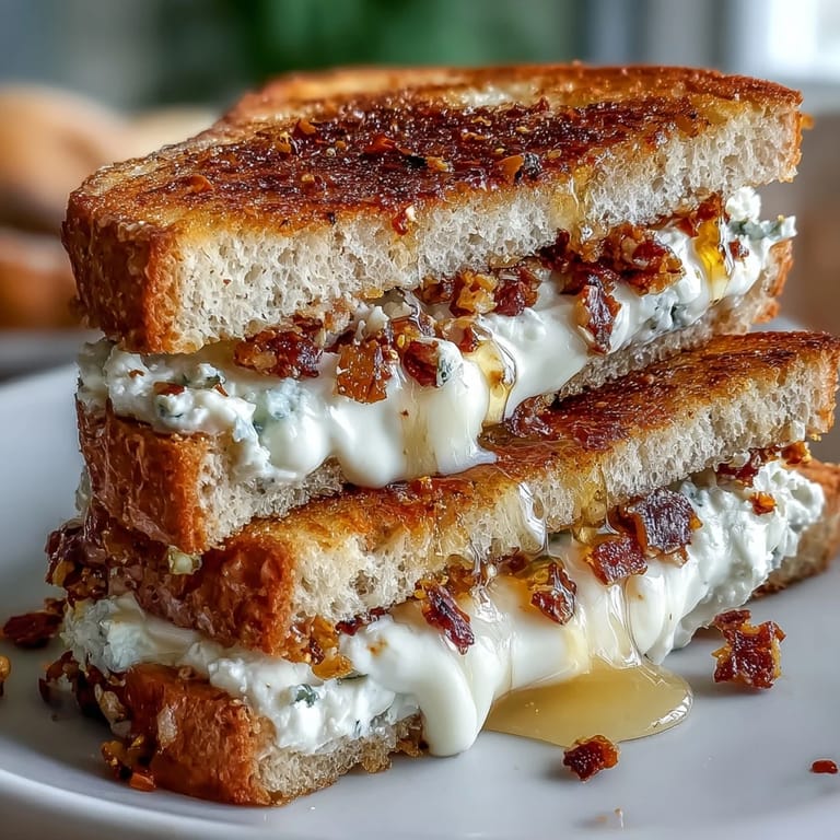 A close look at a warm goat cheese grilled cheese shows melted chèvre inside buttery sourdough with fresh herbs and a honey drizzle.
