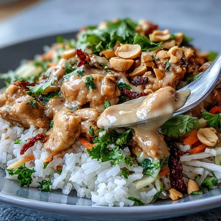 Tender diced chicken sits on fluffy coconut rice with shredded carrots and purple cabbage, finished with a generous peanut sauce drizzle.