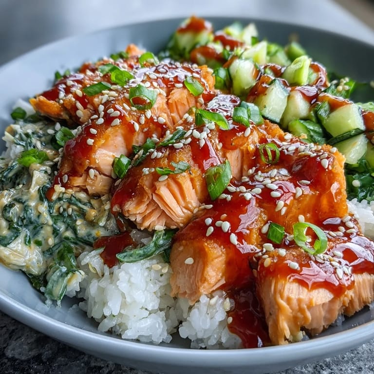 A vibrant bang bang salmon bowl topped with crisp cucumbers, edamame, and toasted sesame seeds for added crunch.