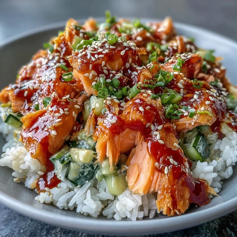 This easy bang bang salmon bowl includes tender salmon, spicy bang bang sauce, and lime wedges for bright flavor.