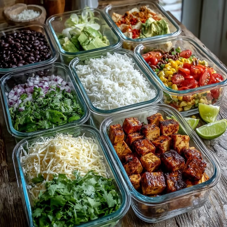 Colorful Mexican-inspired meal prep recipe with hearty beans, sautéed vegetables, seasoned ground turkey, and crisp romaine lettuce ready for quick assembly.
