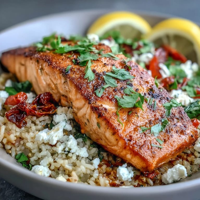 A close-up of flaky salmon and sun-dried tomatoes over fluffy rice, highlighting fresh cilantro and lemon wedges.