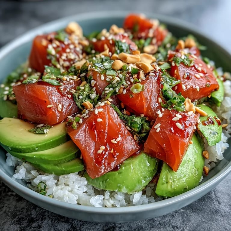 A vibrant Avocado Salmon Bowl drizzled with chili oil and dotted with wasabi, garnished with peanuts, nori strips, and fresh spring onions.