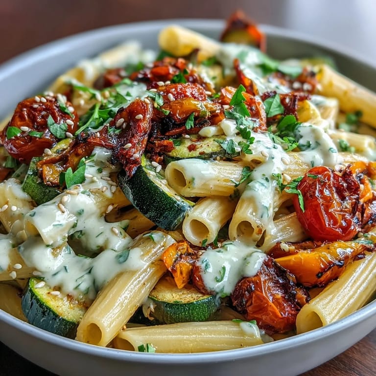 Freshly prepared Chickpea Pasta Bowl garnished with parsley and sesame seeds, served warm for a healthy vegan dinner.