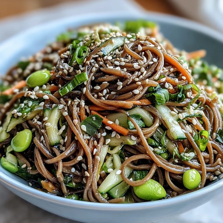 A vibrant Soba Noodle Bowl topped with toasted sesame seeds and fresh cilantro, served as a light vegetarian lunch.