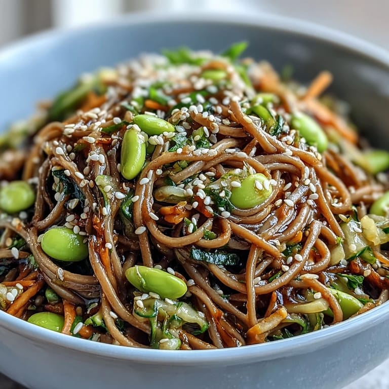 Chilled Soba Noodle Bowl with crunchy vegetables and edamame, finished with a nutty sesame sauce on a white plate.