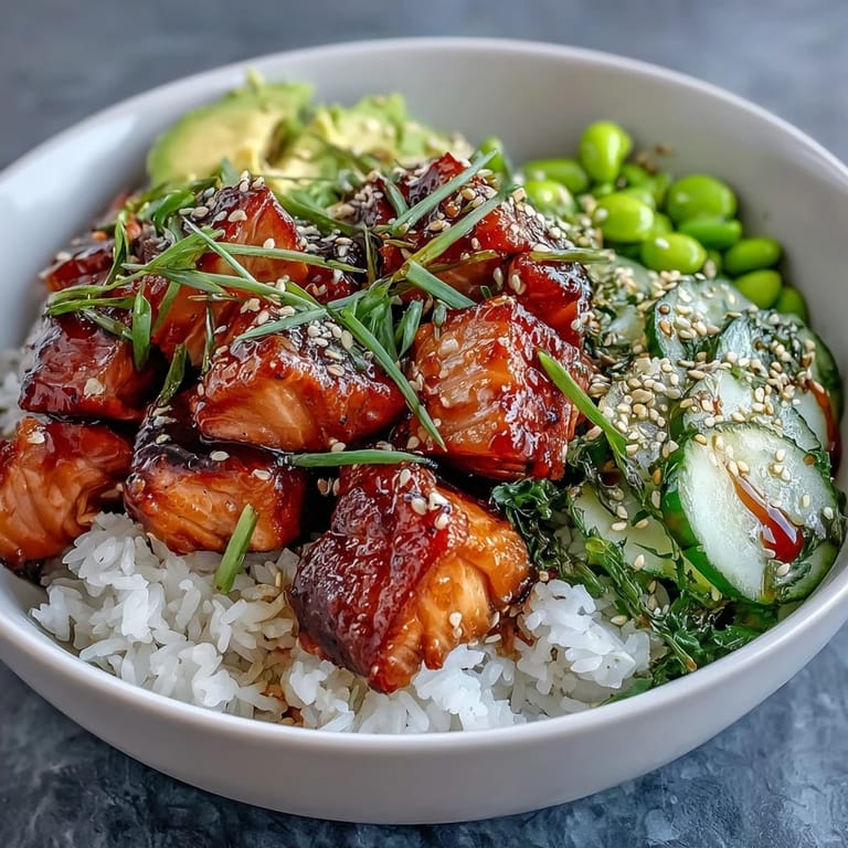 A close-up of a healthy Salmon Rice Bowl with salmon cubes, green edamame, and drizzled spicy sriracha mayo.