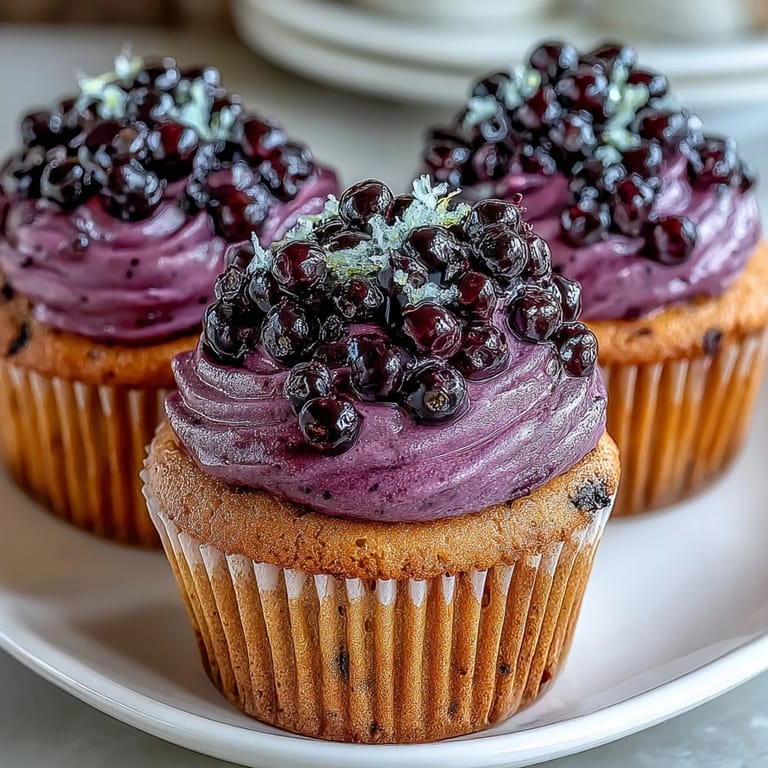 Close-up of a single Olive Oil Cupcake, highlighting the velvety Black Currant Frosting and a garnish of fresh berries and lemon zest.