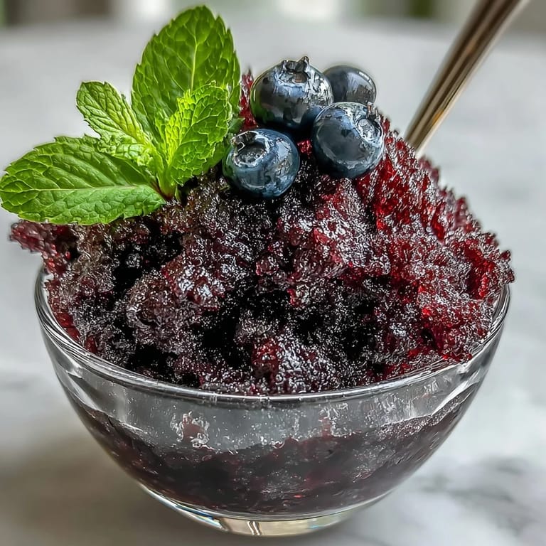A vibrant scoop of homemade Black Currant Granita over a chilled glass, glistening with ice.