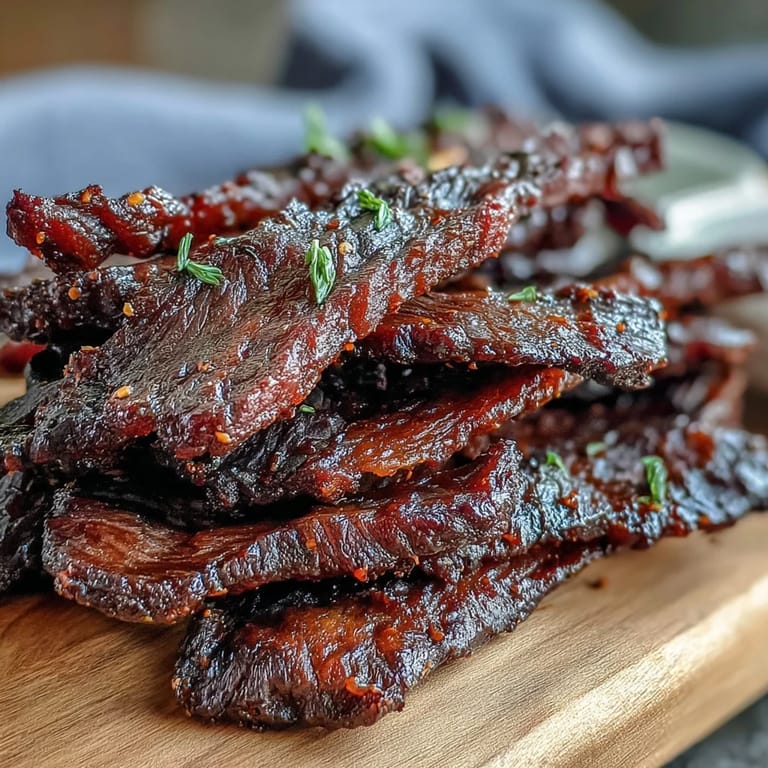 Tender, protein-rich beef jerky slices on a rustic wooden board, ready to be enjoyed as a snack.