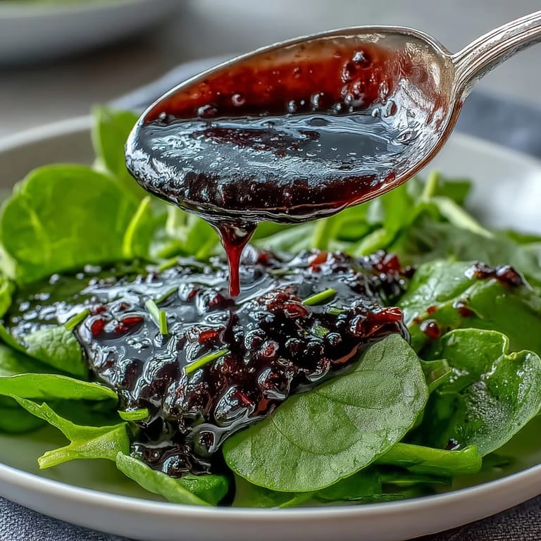 Black Currant Vinaigrette drizzled over a vibrant spinach salad topped with goat cheese and toasted pecans on a rustic wooden table.