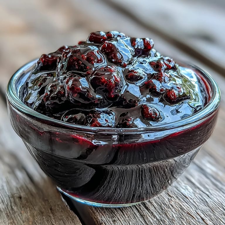 Deeply colored Black Currant Reduction sauce being strained through a fine mesh sieve to remove solids and seeds.