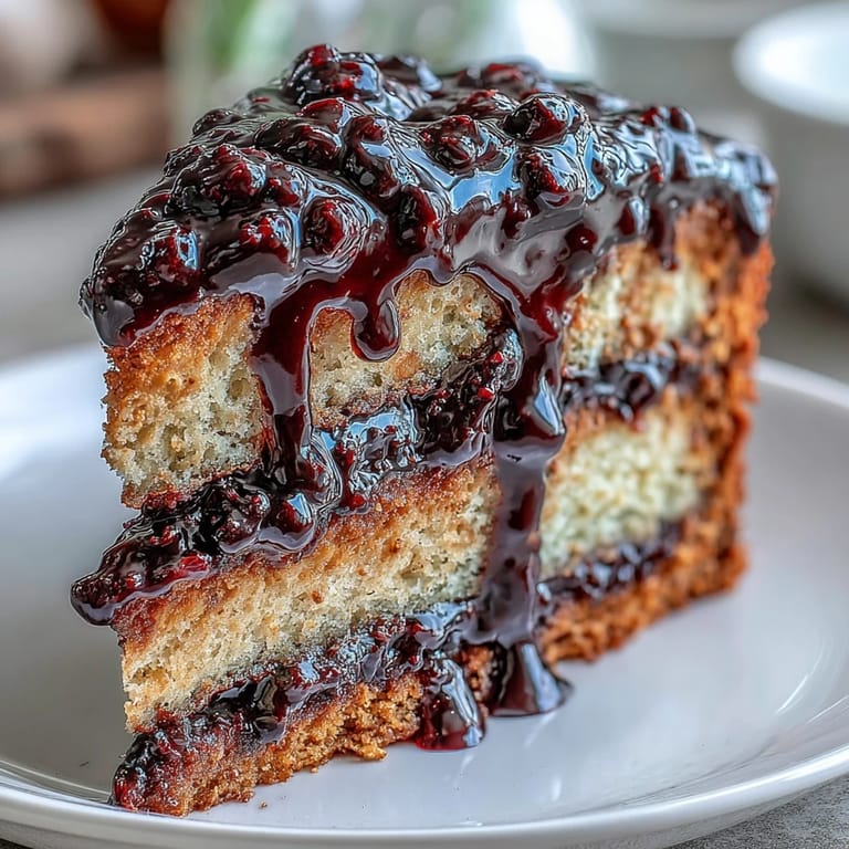 Slices of the rich peanut butter and black currant cake sit beside a bowl of fresh black currants and a glass of milk.