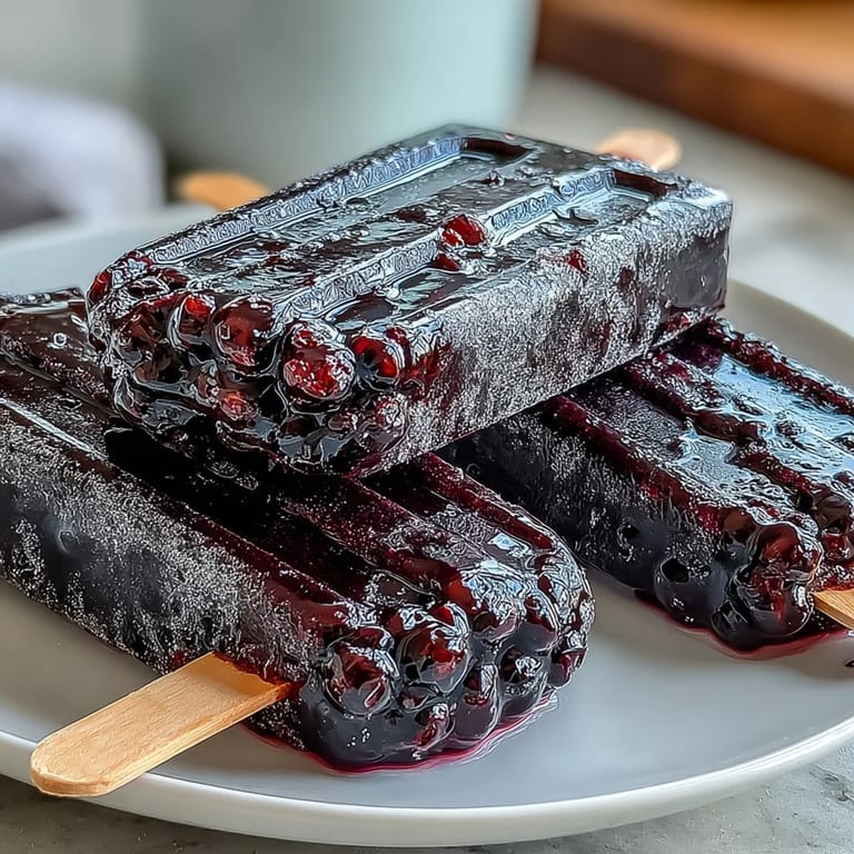 Vibrant purple Black Currant Popsicles topped with fresh berries and mint, served on a rustic board as a beautiful, dairy-free dessert garnish.