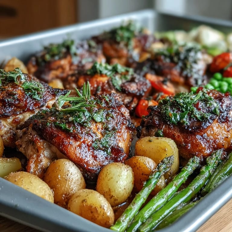 One-pan healthy easy sheet pan chicken with spring veggies, featuring tender chicken and crisp, roasted vegetables.