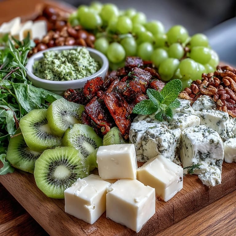 Vibrant St. Patricks Day green food board showcasing an artful mix of crisp vegetables, creamy cheeses, and sweet treats.