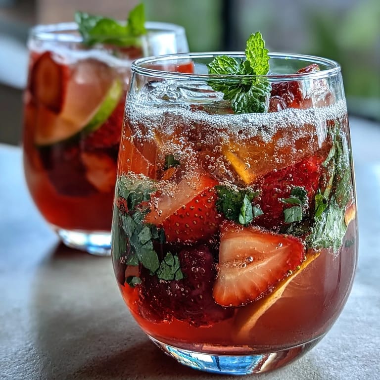 Refreshing homemade strawberry lemon mocktail served over ice with bright citrus slices and sparkling bubbles in a clear glass.