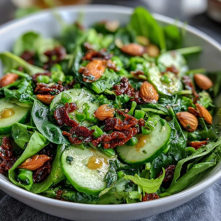 Vibrant honey mustard spring green salad topped with crunchy toasted almonds, radishes, and snap peas—a refreshing vegetarian dish perfect for lunch.
