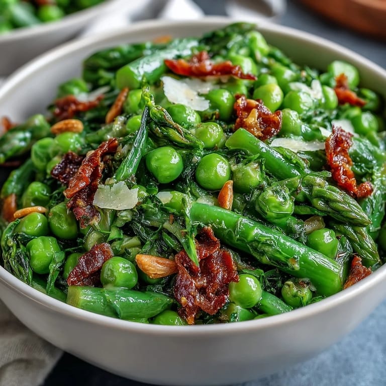Crisp asparagus ribbons, sweet peas, and arugula tossed in zesty lemon dressing for a refreshing salad