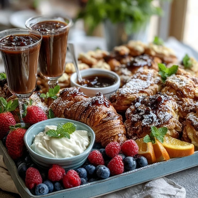 Elegant spread of flaky croissants, colorful fruit, and champagne mimosas, perfect for a special Mothers Day gathering.