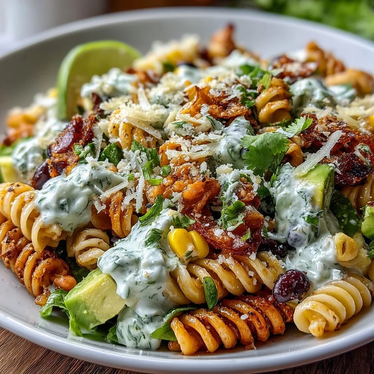 Vibrant Easy Taco Pasta Salad bursting with Tex-Mex flavors, topped with crushed tortilla chips for a crunchy finish.