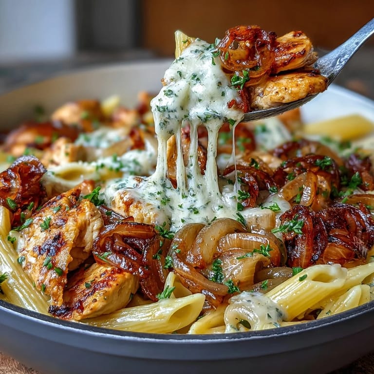 Savory French Onion Chicken Pasta featuring tender chicken, rich beef broth, and bubbling cheese, perfect for a cozy dinner.