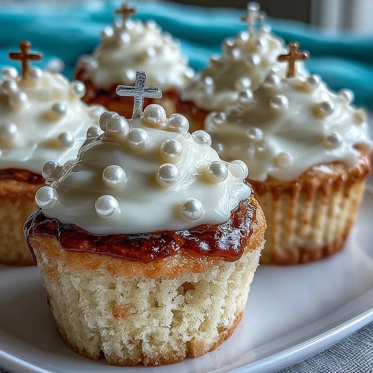 Sweet and tender mini cupcakes topped with smooth buttercream and delicate fondant rosary toppers, perfect for religious events.