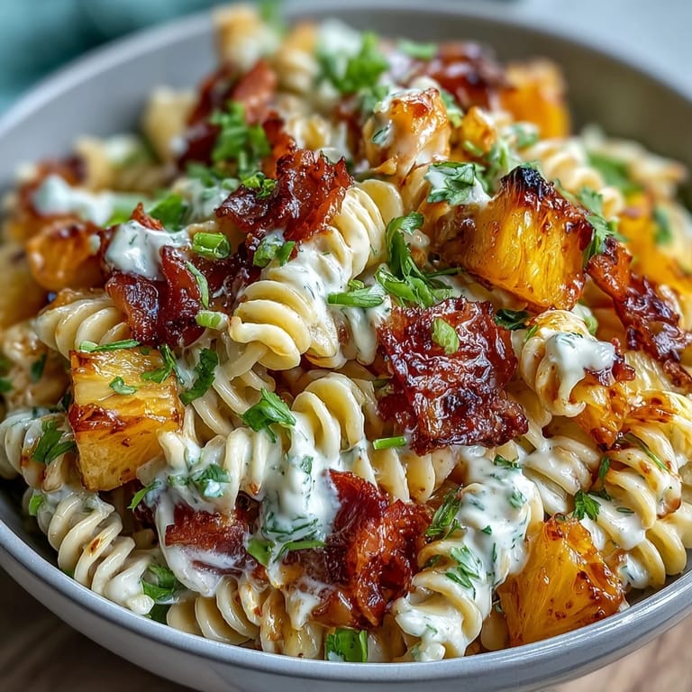 Creamy ranch-coated Hawaiian pasta salad featuring diced ham, sweet pineapple, and crisp vegetables in every bite.  