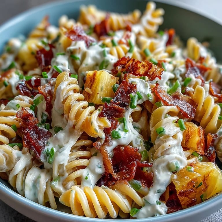 Refreshing Hawaiian pasta salad with tender ham, juicy pineapple, and crunchy veggies tossed in zesty ranch dressing.