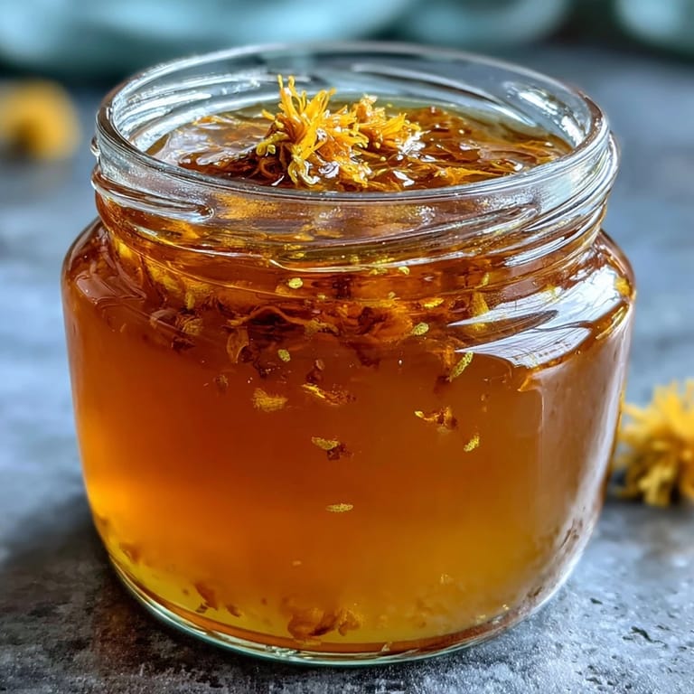 Bright homemade dandelion jelly with zesty lemon and golden honey, captured in a jar with fresh blossoms and a honey dipper.