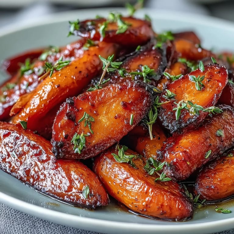 Oven-roasted carrots coated in a glossy honey glaze and fresh thyme leaves, offering a sweet, earthy, and savory flavor combination in every bite.
