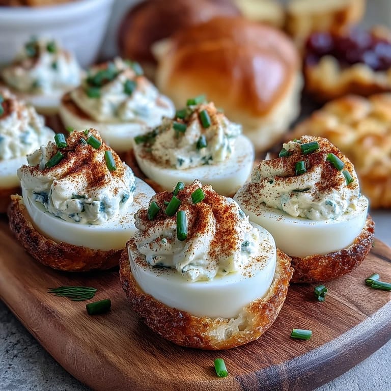 Colorful Easter brunch platter featuring classic deviled eggs, seasonal berries, and mini croissants for a sweet and savory spread.  