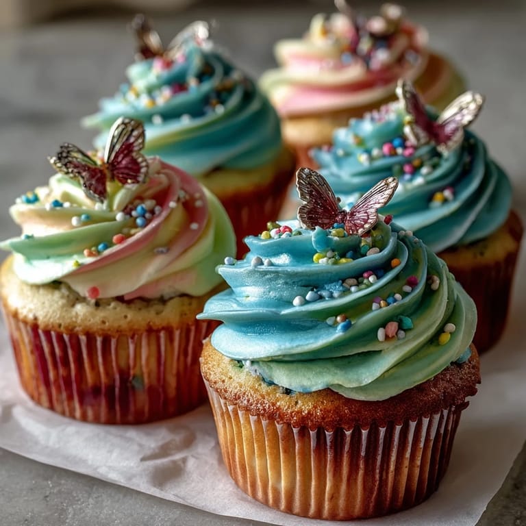 Spring cupcakes decorated with piped pastel buttercream and charming butterfly toppers for festive occasions.