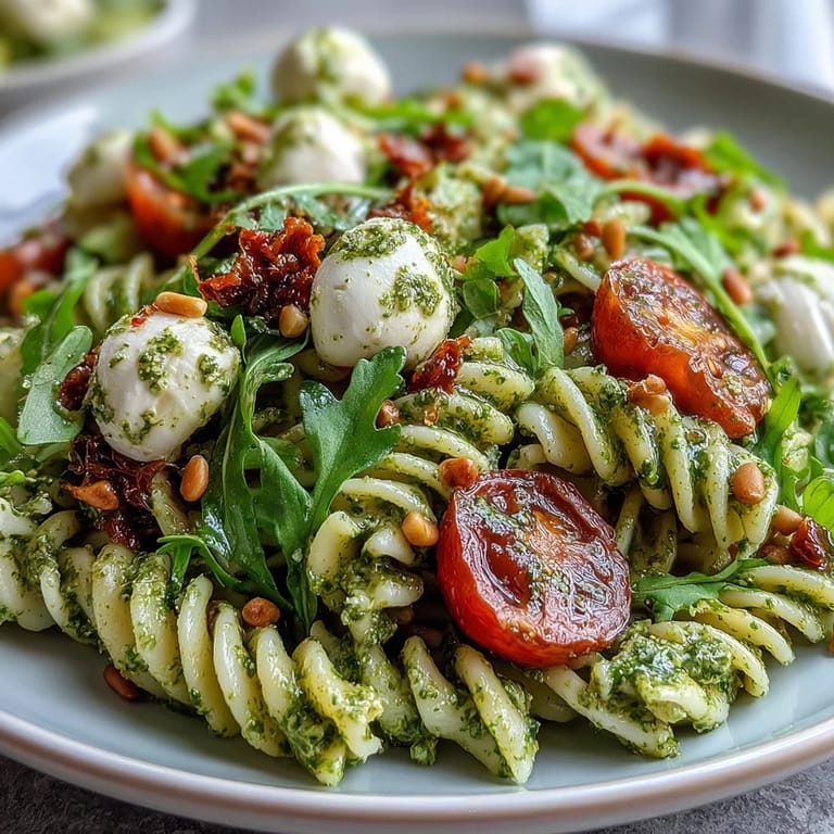 Bright cherry tomatoes, fresh mozzarella, and aromatic pesto combine in this easy, crowd-pleasing summer pasta salad.