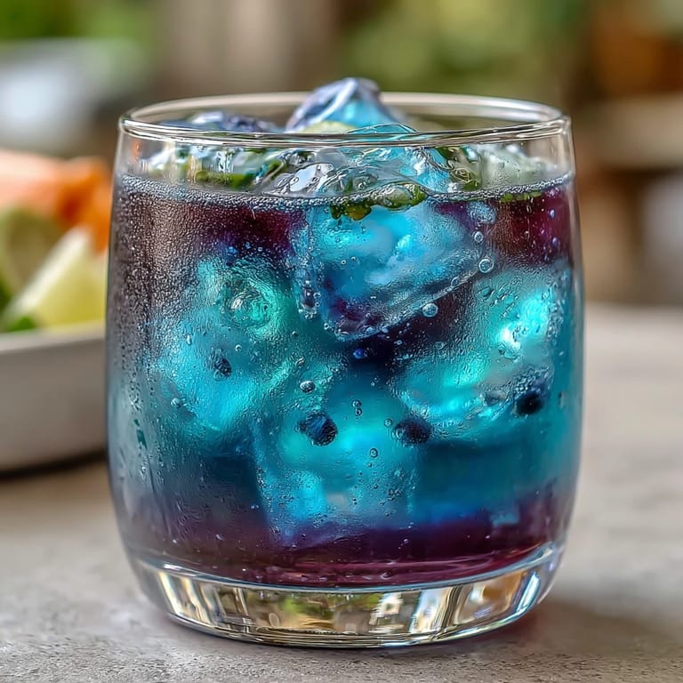 Refreshing butterfly pea flower lemonade with a vibrant blue base that shifts to purple when mixed with lemon juice and ice.